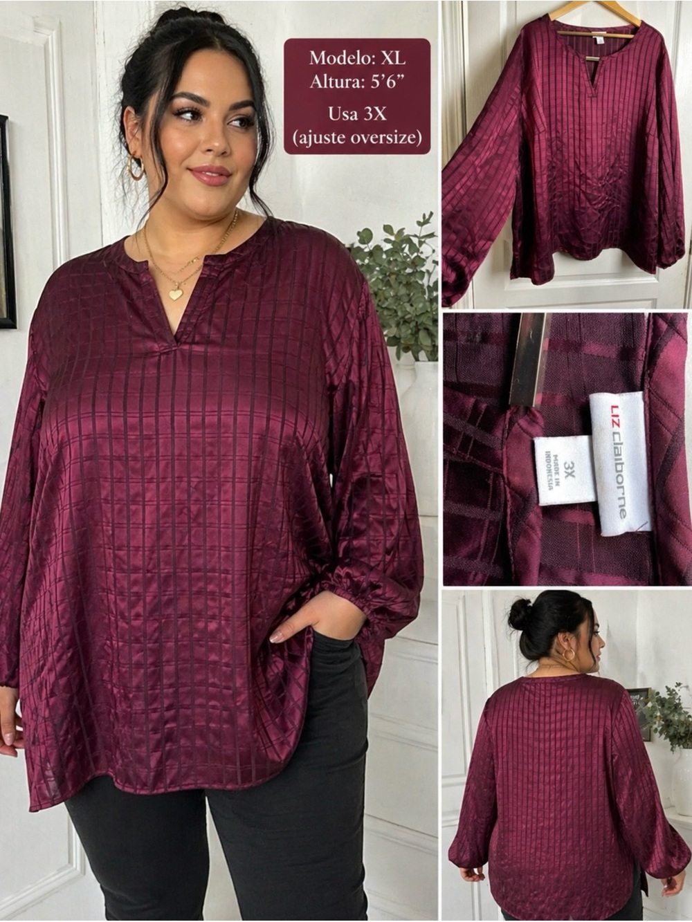 Liz Claiborne 3X Burgundy Sheer Blouse Long Sleeve Grid Pattern